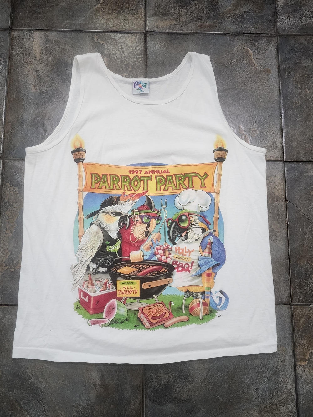 Vintage 90s Parrot Party Men's XL Jimmy Buffet Caribbean Soul Tank Top T Shirt